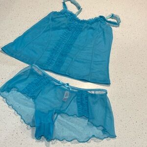 LA VIE EN ROSE turquoise teal aqua sheer mesh ruffle detail pajamas pj set panty